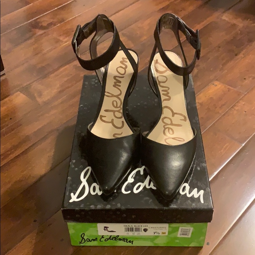 Black, pointed toe, ankle strap heels